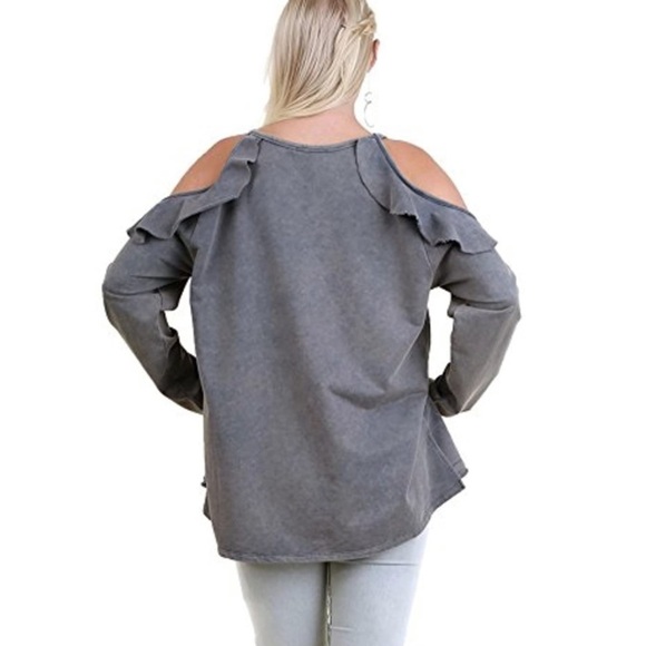 Umgee Women's Ruffled Open Shoulder Long Sleeve Tunic Top - Picture 3 of 13